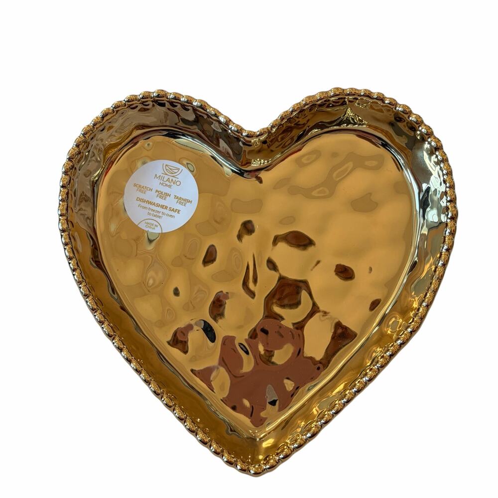 Milano Gold Heart Shape Dish 7.5in Ceramic Trinket Tray Chic Valentine's Day New